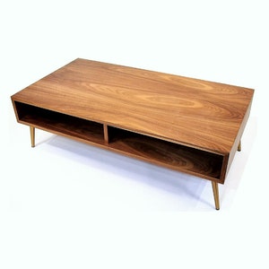 Mid Century Modern Coffee Table with Open Cubbies in Walnut with Brass Legs