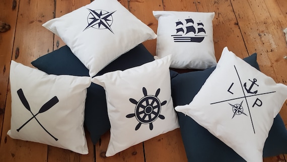 Nautical Cushions White And Navy Blue Canvas Feel Nautical Etsy