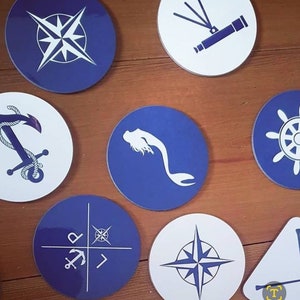 Circular Nautical Coasters in sets of 4. Nautical decor, nautical gifts, nautical home accessories, boat coasters, seaside decor