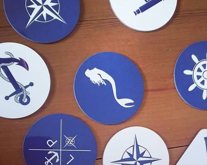 Circular Nautical Coasters in sets of 4. Nautical decor, nautical gifts, nautical home accessories, boat coasters, seaside decor