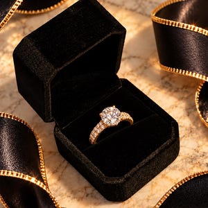 May include: A gold ring featuring a large round-cut center stone and a band encrusted with smaller pavé diamonds, presented inside an open black velvet jewelry box surrounded by black ribbon with gold metallic edges.