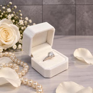 May include: A silver-toned ring featuring a central cushion-cut stone surrounded by a halo of smaller round stones, set on a pavé band. The ring is displayed inside an open, white, velvet-textured, hexagonal-shaped jewelry box.
