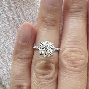 3 Carat Round Engagement Ring / Lab Grown Diamond Proposal Ring / 14K Gold 4 Prong Solitaire Wedding Ring With Pave Diamonds