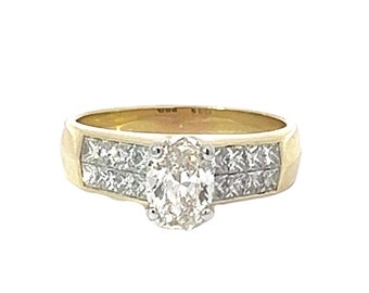 Genuine Oval Diamond Set in 18K Yellow Gold Invisible Set Ring With Genuine Diamond Princess Cuts