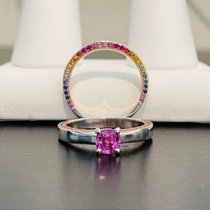 Rainbow Sapphire Wedding Set With Pink Sapphire Center in 14K White Gold