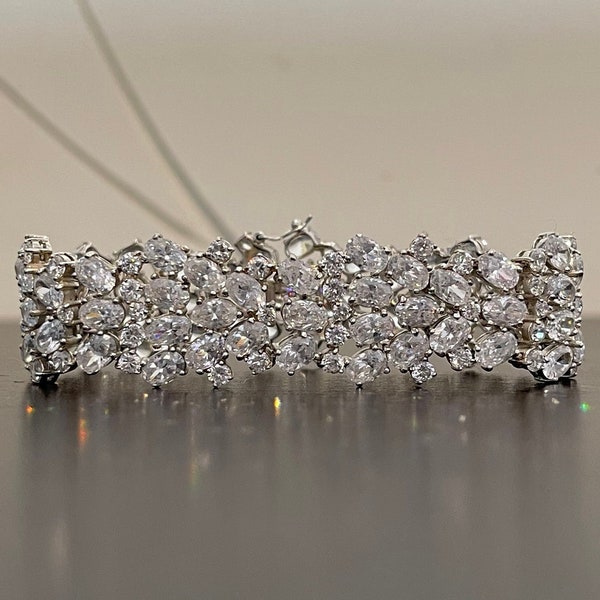 Vintage Charles Winston Premium Oval and Round Cubic Zirconia Wide Bracelet in Sterling Silver