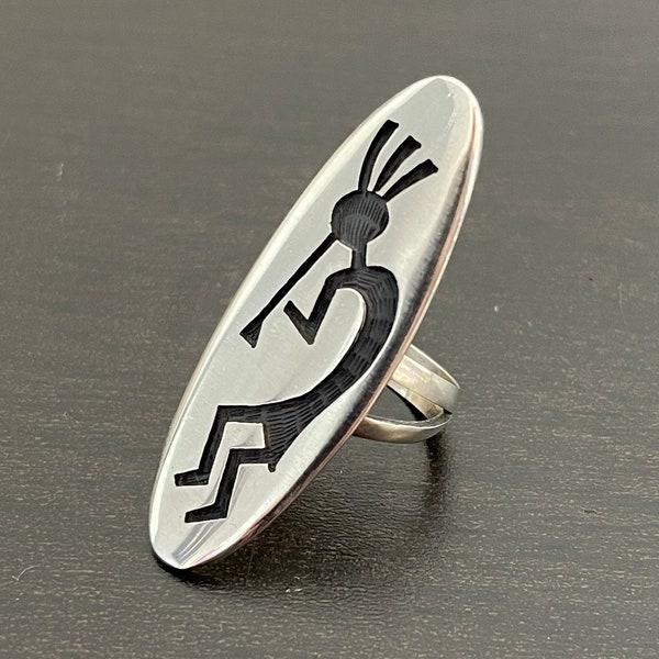 Signed Lawrence Saufkie, Renowned Hopi Jewelry Artist, Kokopelli Ring in Sterling Silver