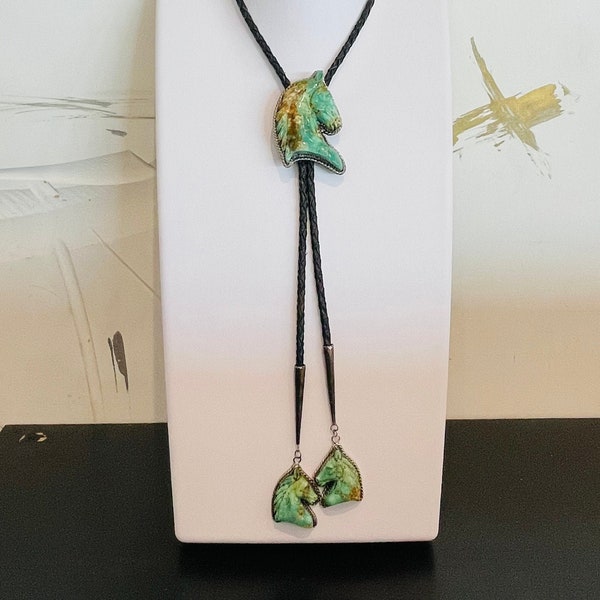 INCREDIBLE Triple Horse Carved Turquoise Bolo in Sterling Silver