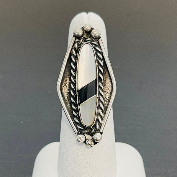 Long Mother of Pearl and Black Onyx Sterling Silver Ring