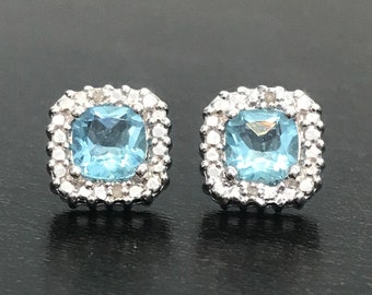 Sky Blue Topaz Sterling Silver Studs with Diamond Accents