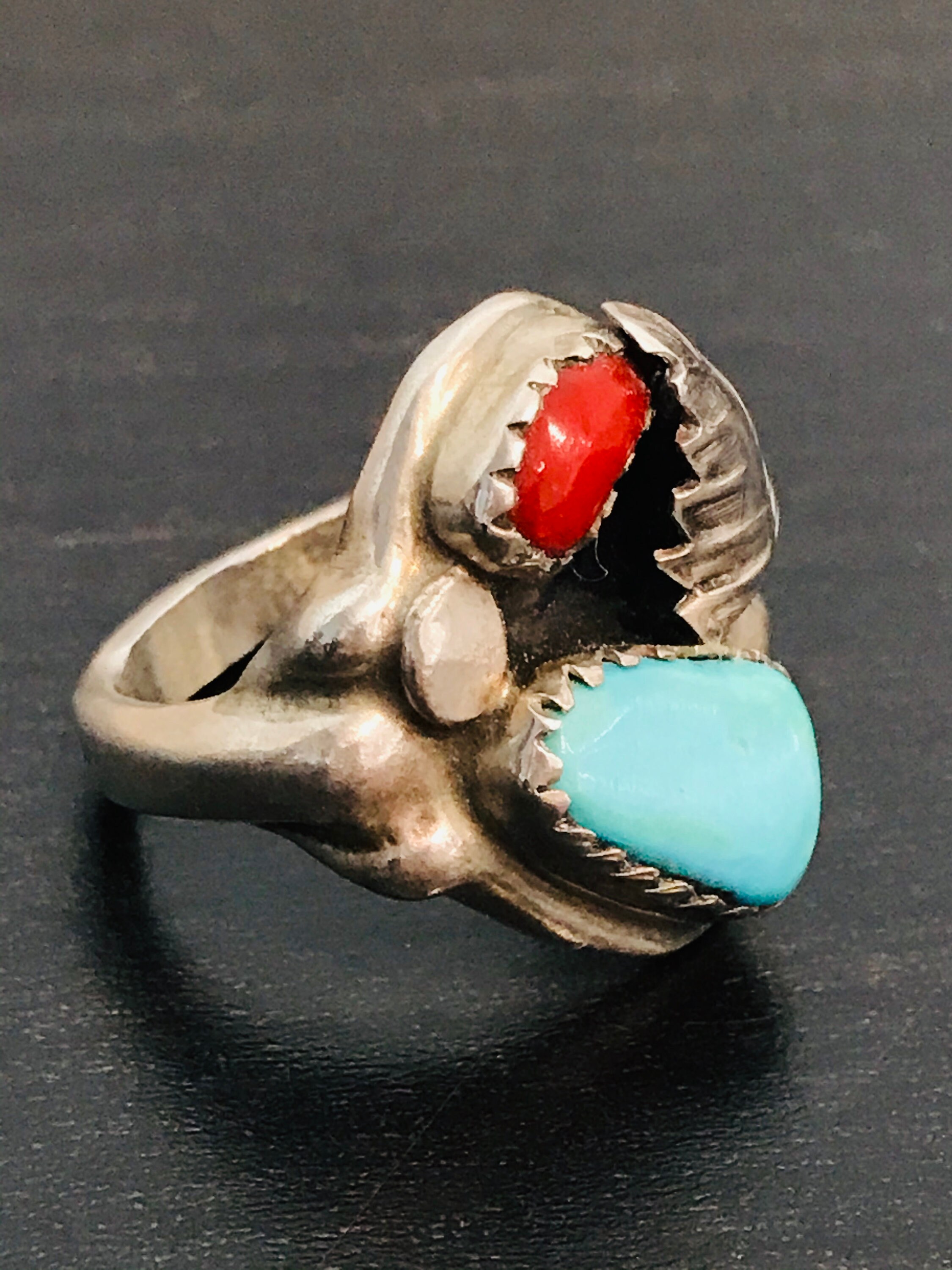 Kingman Turquoise and Coral Navajo Ring Set in Sterling Silver - Etsy