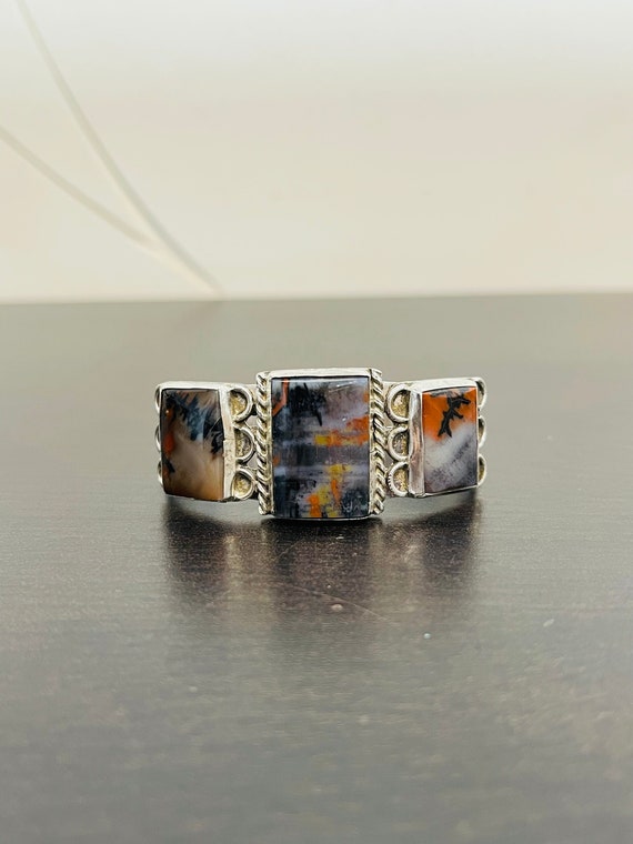 Vintage Navajo Picture Agate Cuff in Sterling Sil… - image 1