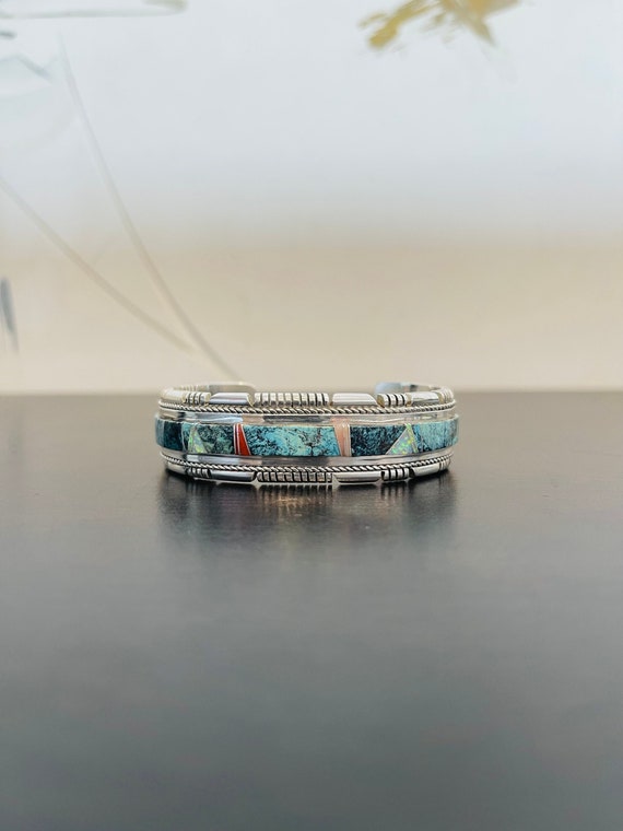 Signed Navajo Inlay Cuff Bracelet With Turquoise, 