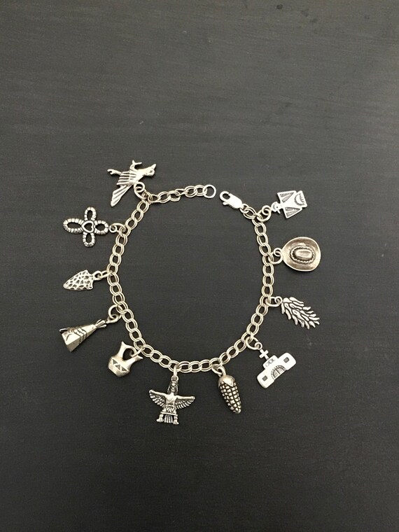 Southwestern Sterling Silver Charm Bracelet With 11 Charms