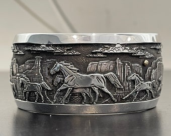 Canyon Horses in Canyon de Chelly Cuff Bracelet by Renowned Navajo Artist Cody Hunter in Sterling Silver With 14K Yellow Gold Accent