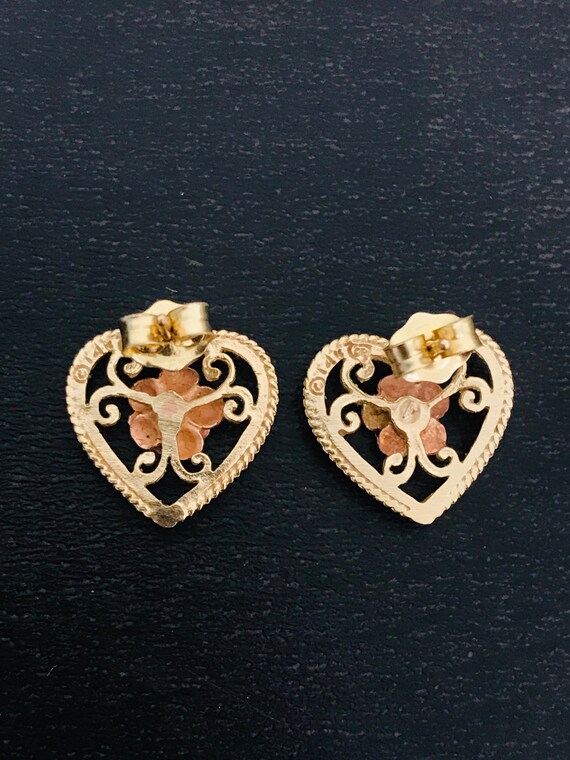 14K Rose & Yellow Gold Flower Heart Stud Earrings - image 2