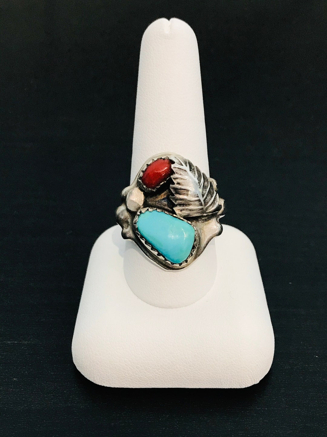 Kingman Turquoise and Coral Navajo Ring Set in Sterling Silver - Etsy
