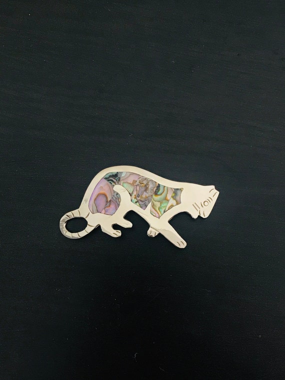 Cat Pin With Abalone Inlay in Sterling Silver