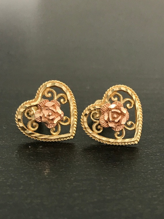 14K Rose & Yellow Gold Flower Heart Stud Earrings - image 1