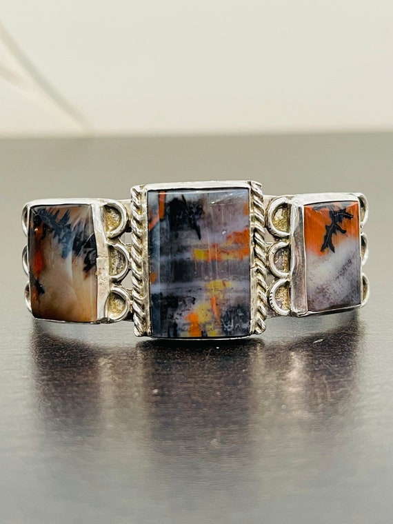 Vintage Navajo Picture Agate Cuff in Sterling Sil… - image 9