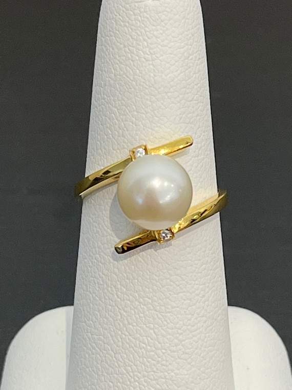9 mm Akoya Pearl and Diamond Ring in 18K Yellow G… - image 1