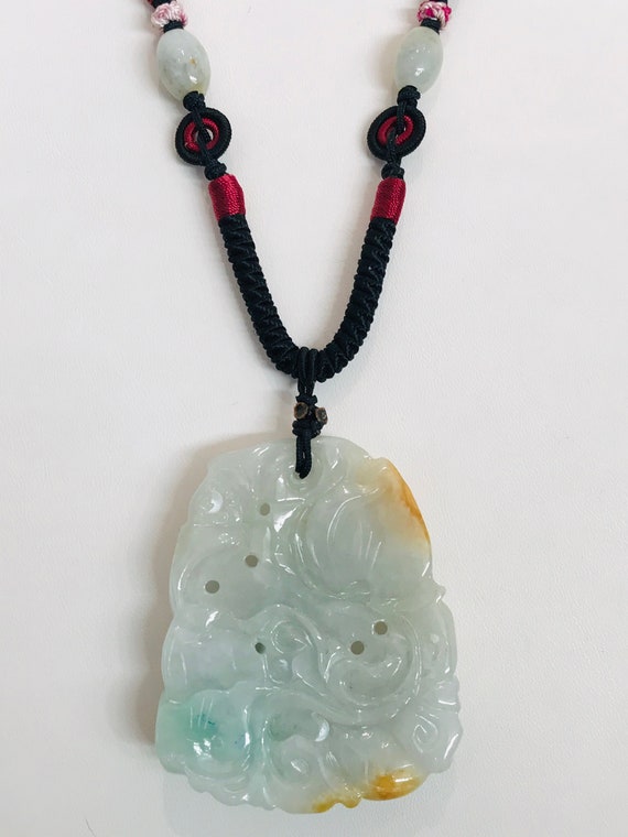 Large Carved Jade Monkey Good Luck Necklace on Co… - image 5