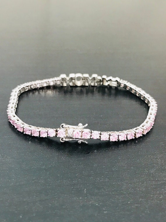 Mom Sterling Silver Bracelet with Round Pink Cubi… - image 4