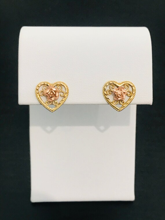 14K Rose & Yellow Gold Flower Heart Stud Earrings - image 4