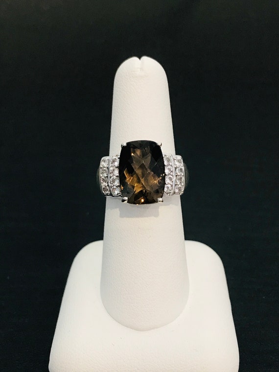 Checkerboard Cut Smokey Quartz and CZ Ring in Ster