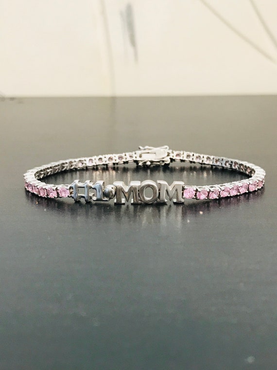 Mom Sterling Silver Bracelet with Round Pink Cubi… - image 1