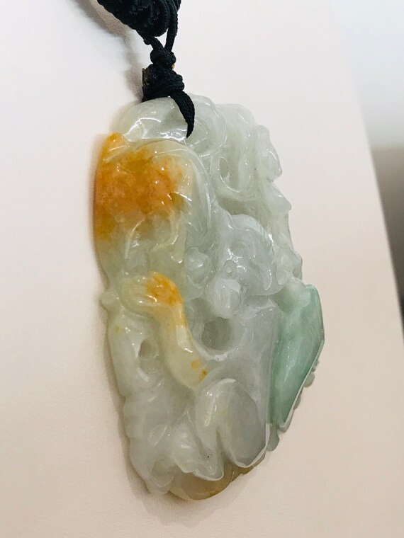 Large Carved Jade Monkey Good Luck Necklace on Co… - image 4