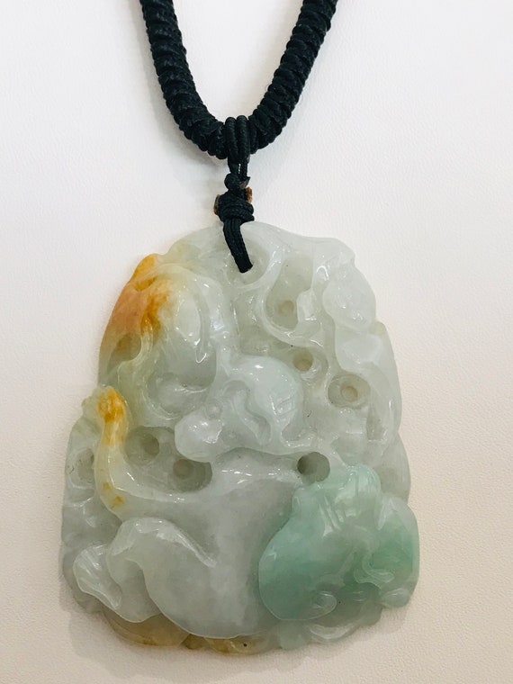 Large Carved Jade Monkey Good Luck Necklace on Co… - image 6