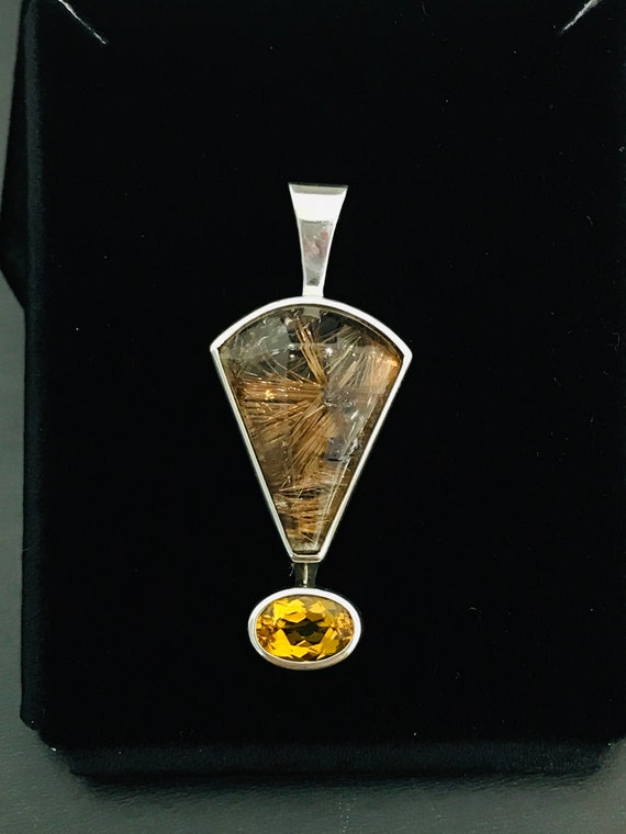 Hand Fabricated and Custom Cut Cacoxenite and Oval Citrine Silver Pendant