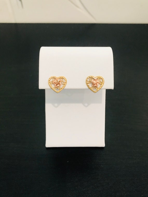 14K Rose & Yellow Gold Flower Heart Stud Earrings - image 5