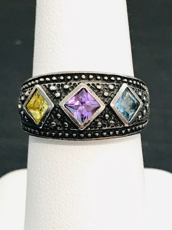 Colorful 3 Stone CZ Ring in Sterling Silver