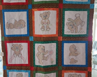 Hand Embroidered Teddy Bear Quilt