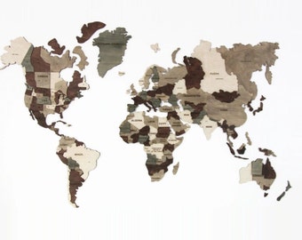 May include: A wooden world map puzzle with each country outlined in a different shade of brown. The map is mounted on a white background.