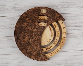 Universal Calendar Natural wood , Engraved Leaf motifs,  Wooden Calendar, Wooden Perpetual Calendar, Unique Gift, Crafted Home Decor