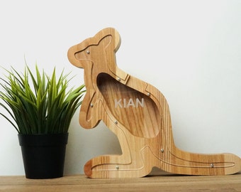 Canguro de alcancía de madera, caja de monedas personalizada de animales salvajes de Australia, regalo de zoológico grabado con ahorro de fondos, regalo de decoración de vida silvestre amante de los animales