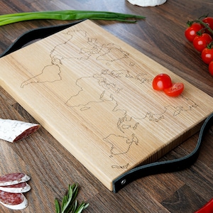 Naturholz-Schneidebrett mit Ledergriffen, Hackbrett mit Gravur, Geschenk für den Koch, Frühstückstablett Holzbrett