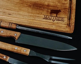 BBQ Set Cutting Board With Tools, Personalized Grill Party Kit With A Case, Laser Engraved Gift For A Man, Unique Dark Brown Wood BBQ Set