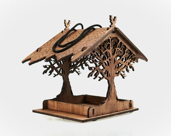 Wooden Bird House For Garden, Beautiful Tree Laser Cut Carving, Hanging Bird Feeder Gift For Her, Garden Gifts For Mom, Housewarming Gift