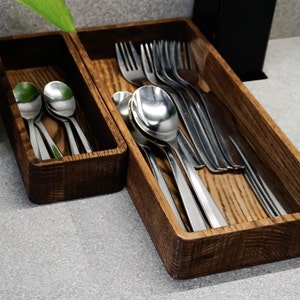 Scatola portaposate in legno di rovere naturale, cassetta degli attrezzi da cucina in legno, incisione del logo personalizzata, scatola portaoggetti da cucina in legno, scatole portaoggetti da cucina