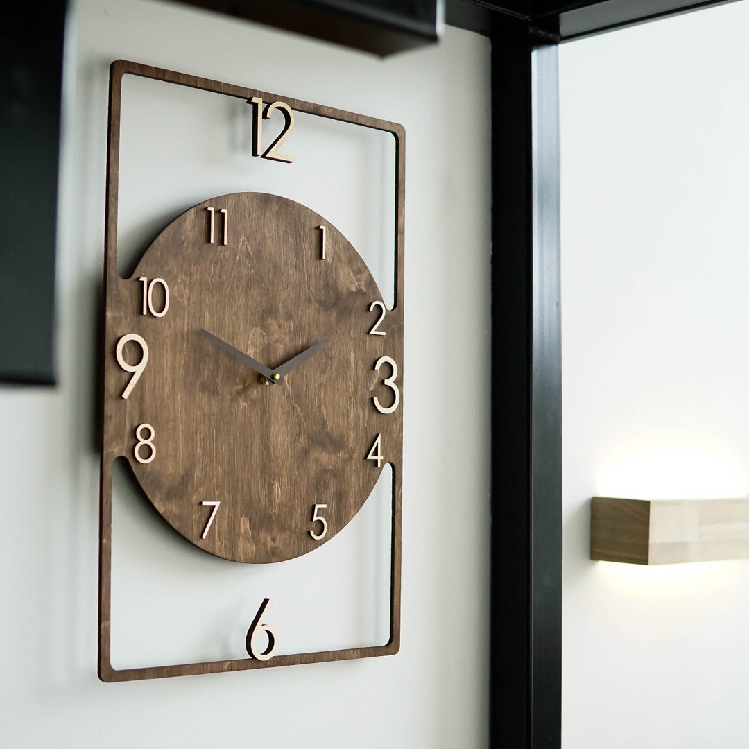 Big Natural Dark Wood Wall Clock Thin Wooden Clock Real Wood Etsy