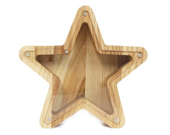 Alcancía de madera estrella, estrella de alcancía personalizada de forma única, decoración de la habitación de la alcancía de la niña, regalo de Navidad de caja de monedas pequeña