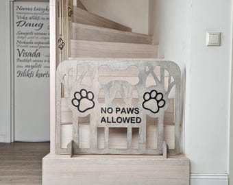 No Paws Allowed Dog Gate – Custom Wooden Pet Fence for Stairs, Patios & Hallways | Freestanding Puppy Stopper with Cute Paw Design, Wood