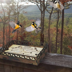 Railing mounted wooden bird feeder tray, Handmade Balcony bird feeder deck, Balcony bird feeder, loft birdfeeder, outdoors wood bird feeder