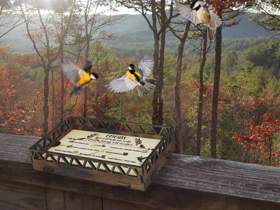 Railing Mounted Wooden Bird Feeder Tray Handmade Balcony Bird