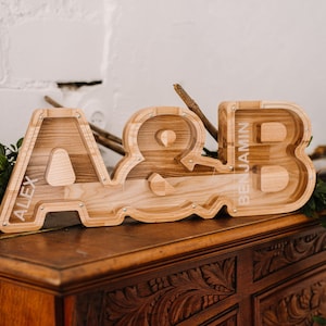 Alcancía doble con letras personalizadas, regalo de boda, alcancía con letras de madera, alcancía para regalo de pareja, regalos de aniversario de pareja, regalo único