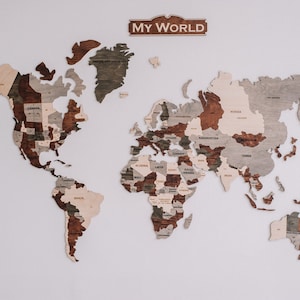 Carte du monde en bois unique, carte multicolore, carte détaillée du monde, stylez votre mur, décoration murale My World, carte murale de nombreuses couleurs unique